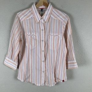 The North Face Shirt Orange Pink Stripe Pearl Snap Button Up Casual Size Medium